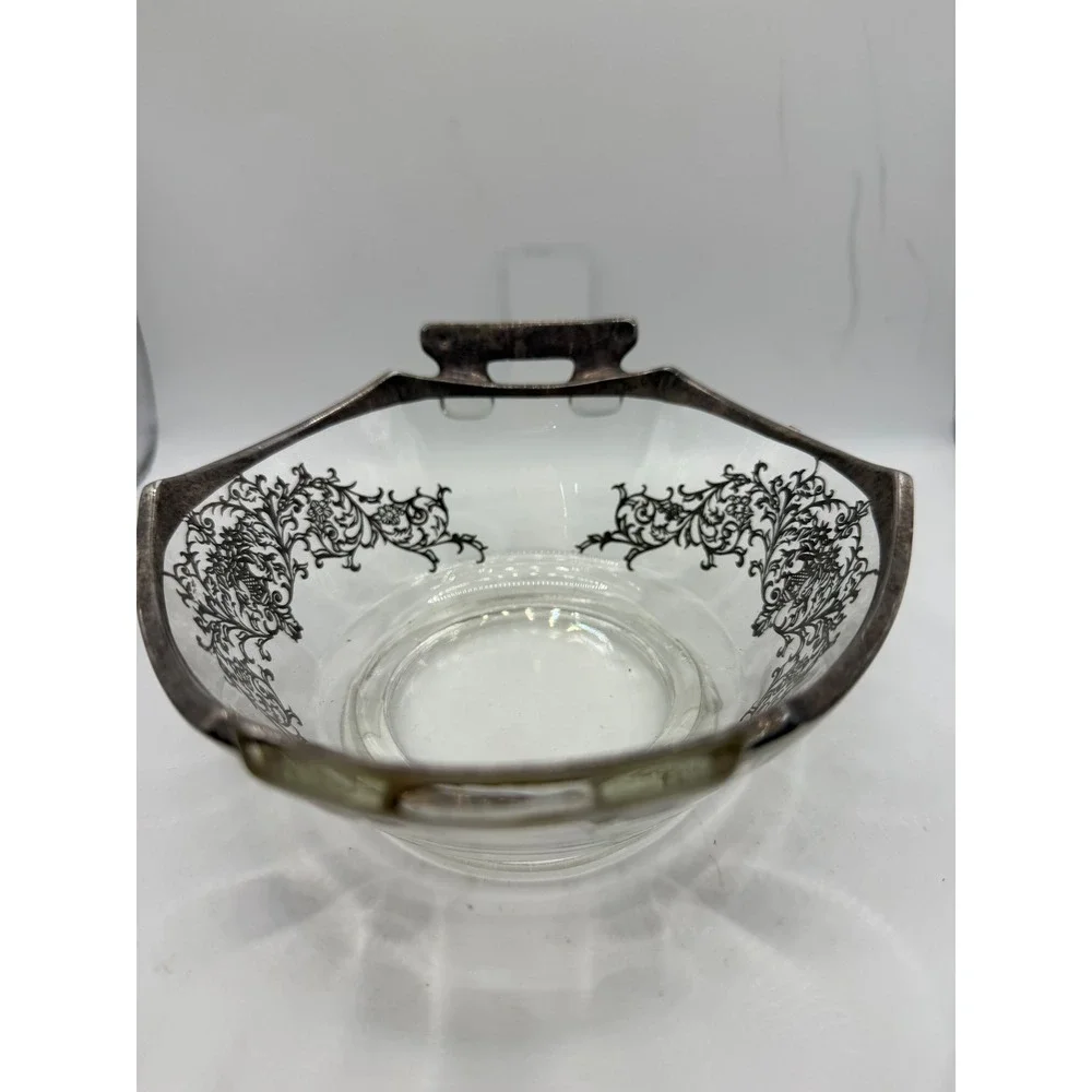 Vintage Silver Overlay Glass Candy Nut Bowl Floral Filigree Double‎ Handle 6.5in
